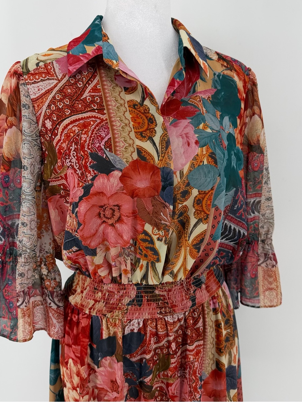 Chico’s Floral Patchwork Boho Midi Dress Smocked Waist Size 0.5 US 6 - Picture 4 of 7